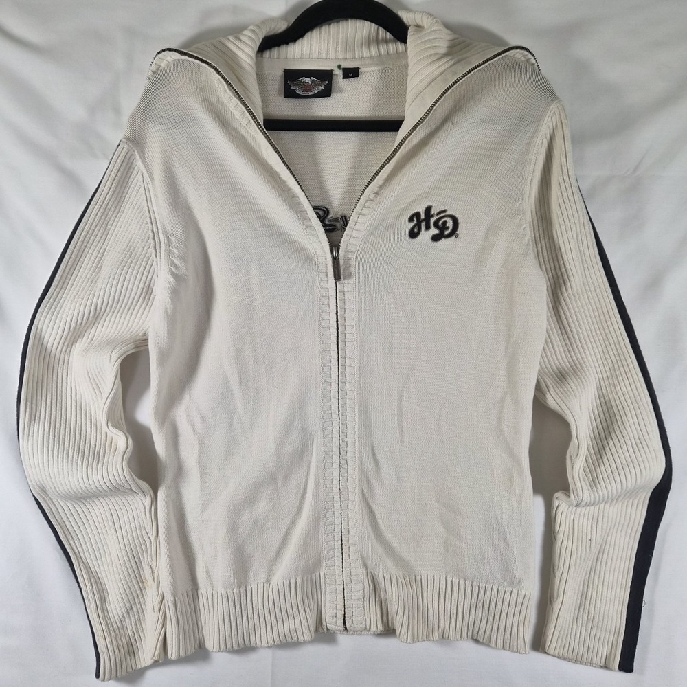 Harley Davidson Womens Medium Full Zip Knit Sweater Ivory Black Ribbed...